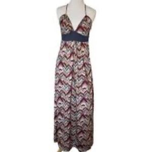 BCBGeneration Chevron Print Red Gray Maxi S Criss Cross Strap Dress Adjustable